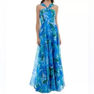 Taylor Women's Twisted Halter Printed Sleeveless Gown Sapphire/Blue Sz 12 NWT
